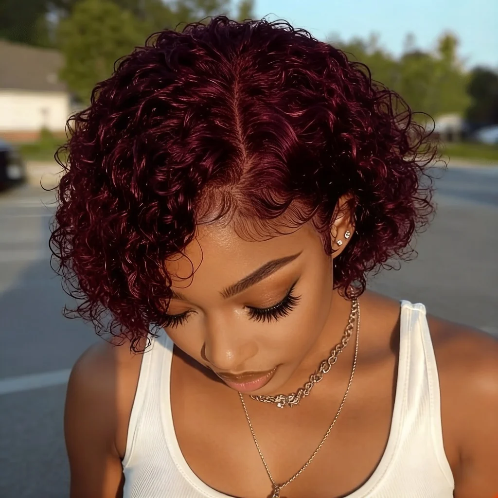 

Женский парик из натуральных волос Реми - парик с фронтальной шнуровкой 13x4, плотность 180%, натуральный черный, кудрявый, короткая стрижка пикси