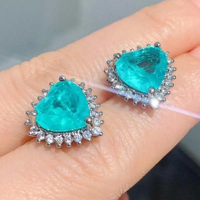 Huajie Women's Delicate Lake Blue Color Heart Shape Brilliant Zircon Earrings Shining Wedding Bride Ear Jewelry Accessories