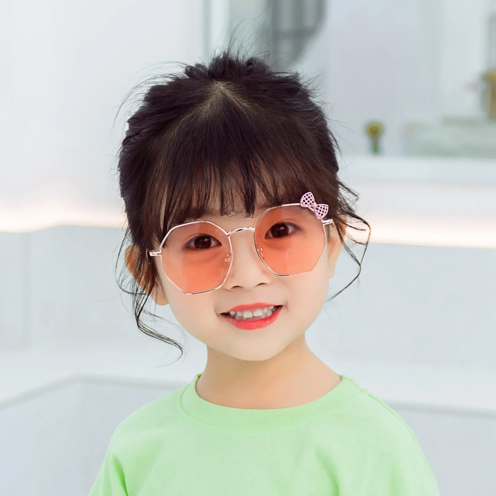 Trendy Fashion Boys and Girls Bow Metal Sunglasses B010 Polygon Trend Children\'s Sun Glasses Kids Outdoor UV400 Eyewear