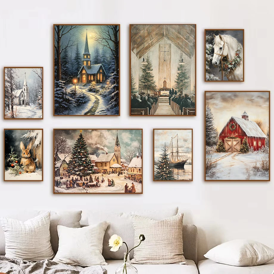 Christmas Holiday Horse Bunny Winter Landscape Church Barn Poster and Prints Painting Wall Pictures for Living Room Home Decor