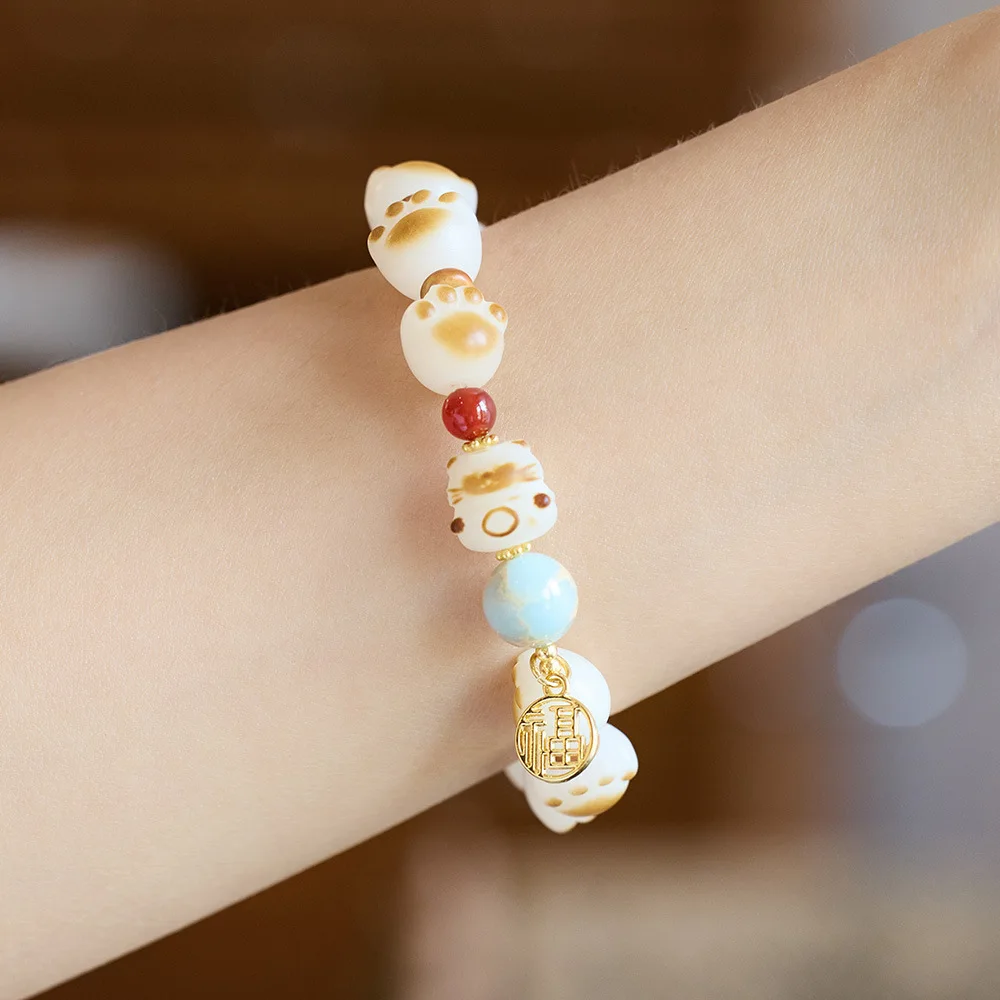 White Jade Sweet Cat and Paw Design Pulseira, 100% Natural, Ágata, 14K Cheio de Ouro, Jóias Femininas para Namorada, Sem Desvanecimento, Presentes