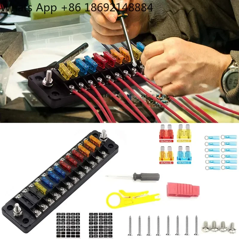 12-Way Car Multi-In Multi-Out Fuse Box with Hard Row No Negative Electrode and Fuse Sheet for Marine Fuse Holder