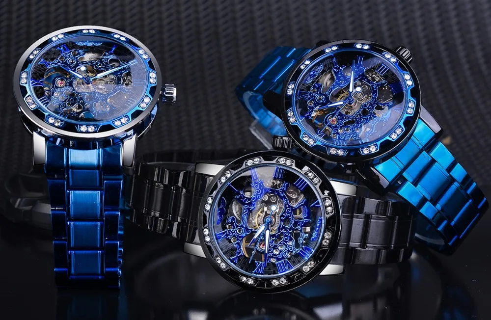 Winner Fashion Watches Classic Rhinestone Clock Roman Analog Male Skeleton Clocks Mechanical Stainless Steel Band Luminous Watch