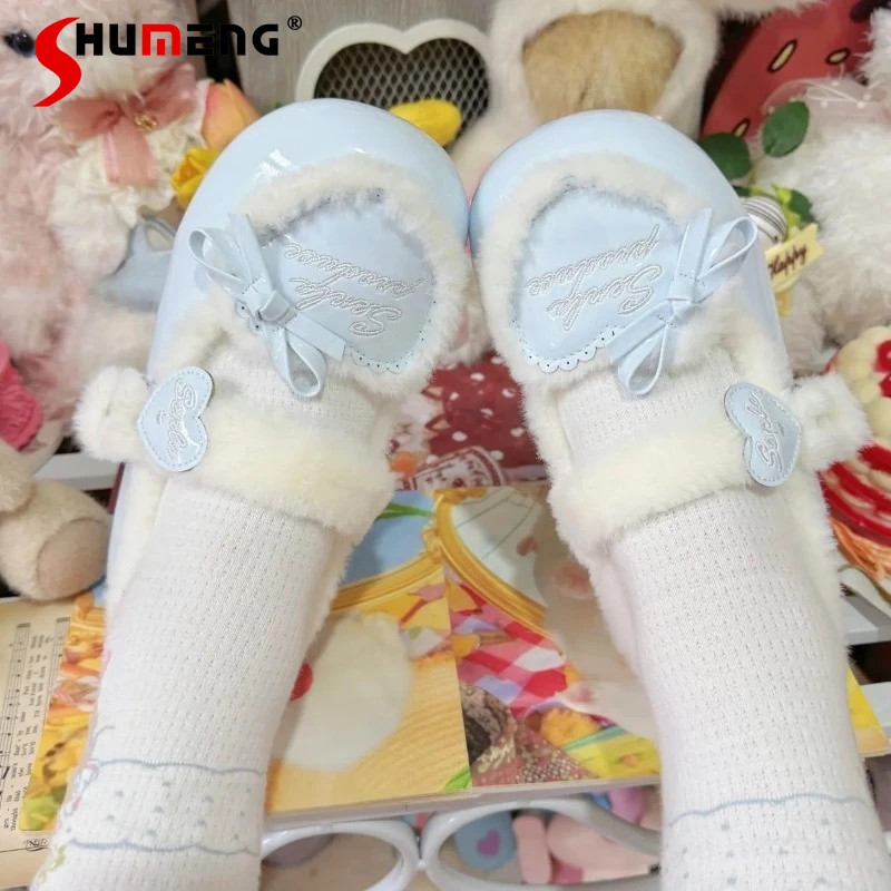 

2025 New Original Rojita Sweet Cute Fluffy Shoes Women's Flat Heart-shaped Bowknot Soft Girl Y2k Warm Lolita Flats For Ladies