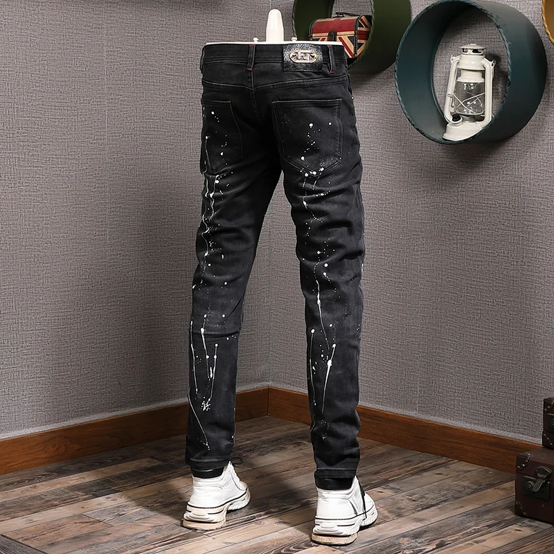 Fashion Streetwear Men Jeans Black Color Stretch Elastic Slim Fit Patched Ripped Jeans Men Painted Designer Hip Hop Pants Hombre