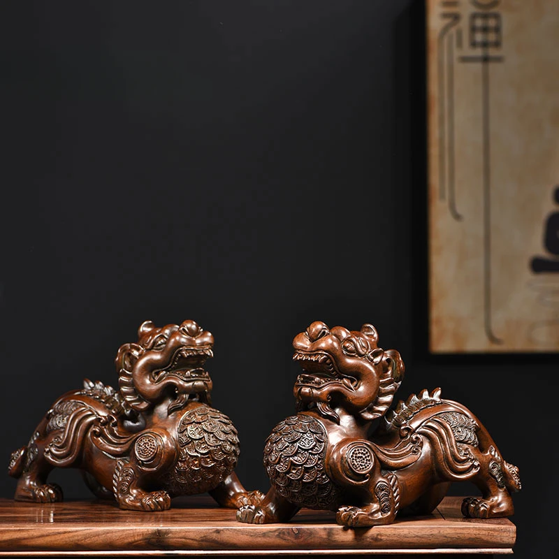 Chinese Style Solid Wood Ebony Carved Pixiu Crafts Handcrafted Statues Home Office Decorations Ornaments Room Figurines Gifts