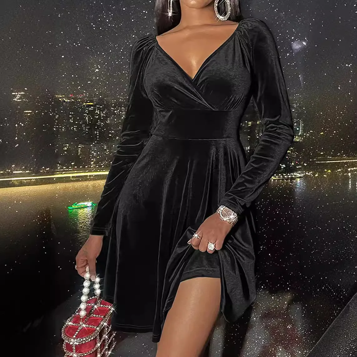 Women's 2025 Spring Autumn Long Sleeve Sexy Deep V Neck Holiday Dress Fashion Slim Elegant Long Christmas Party Dress