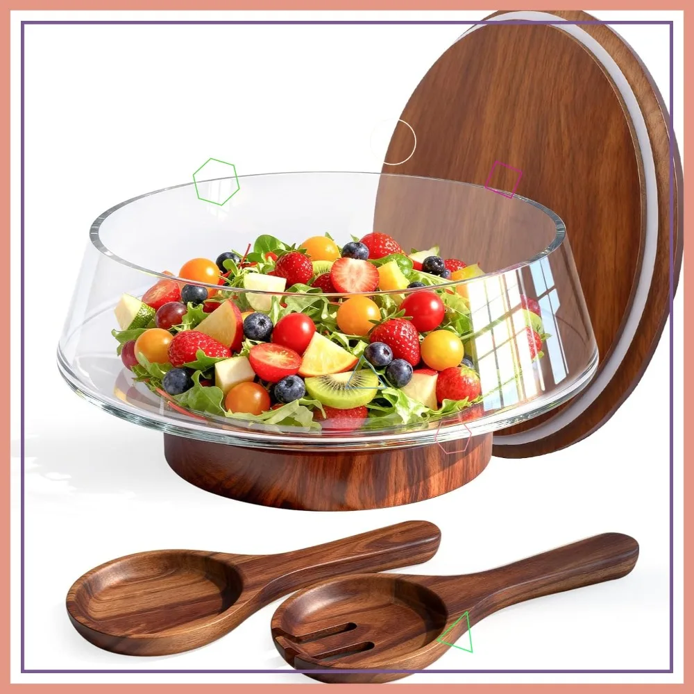 

Extra Large Glass Salad Bowl Set with Lid, Wood Base & Servers, 5-Qt Mixing/Serving for Kitchen and Parties