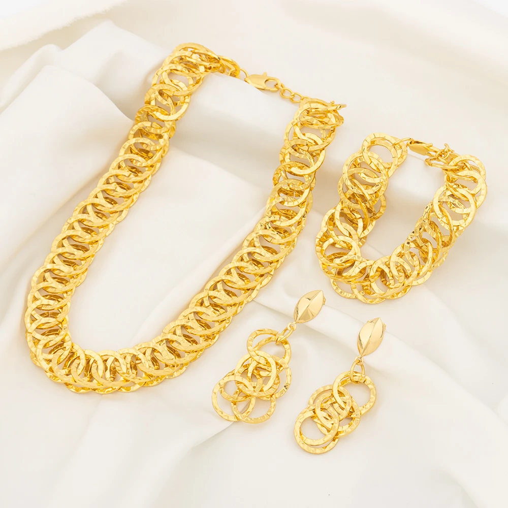 Luxury Necklace Jewelry Set For Women Dubai Gold Color Copper Jewellery African Arabic Wedding Bridal Bracelet Earring Chain Set