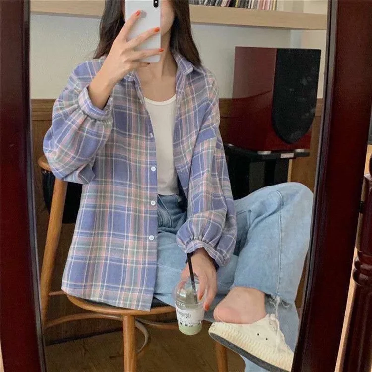 Camicia a quadri da donna Camicia ampia a maniche lunghe con colletto abbottonato Camicetta monopetto Top Camicie a quadri pastello preppy da donna