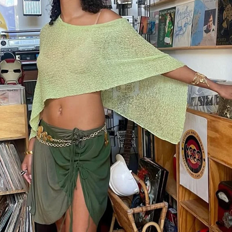 Summer Irregular Knitted Cover-ups Crop Tops Y2k Aesthetic Vintage Smocked T-shirt Boho Beach Vacation Going Out Pullovers Tees