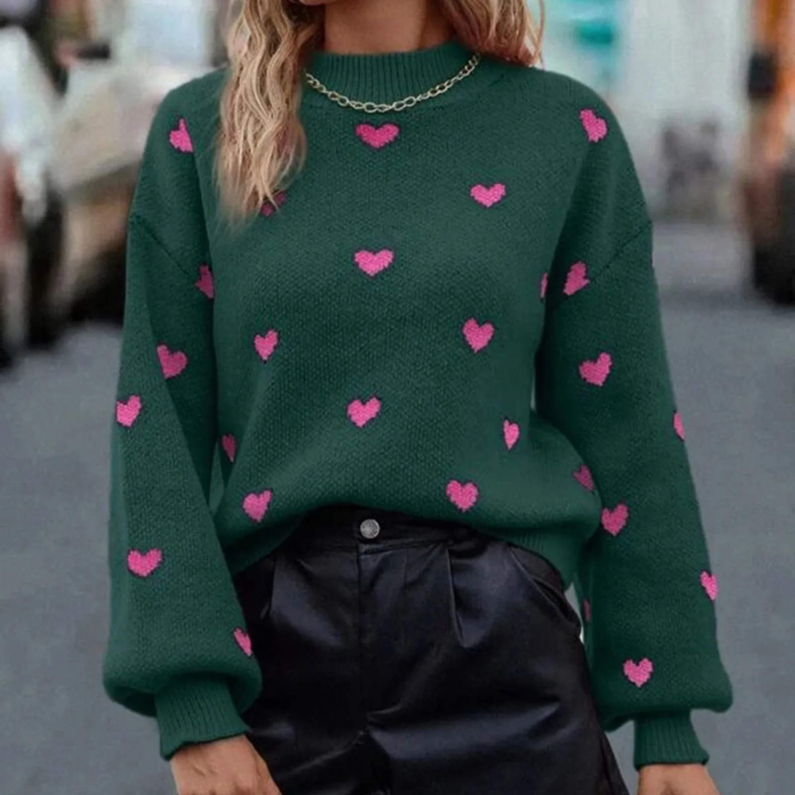 Women Heart Love Print Sweater Spring Autumn Warm Crew Neck Long Sleeve Knitted Pullovers Oversized Jumper Valentine Knitwear