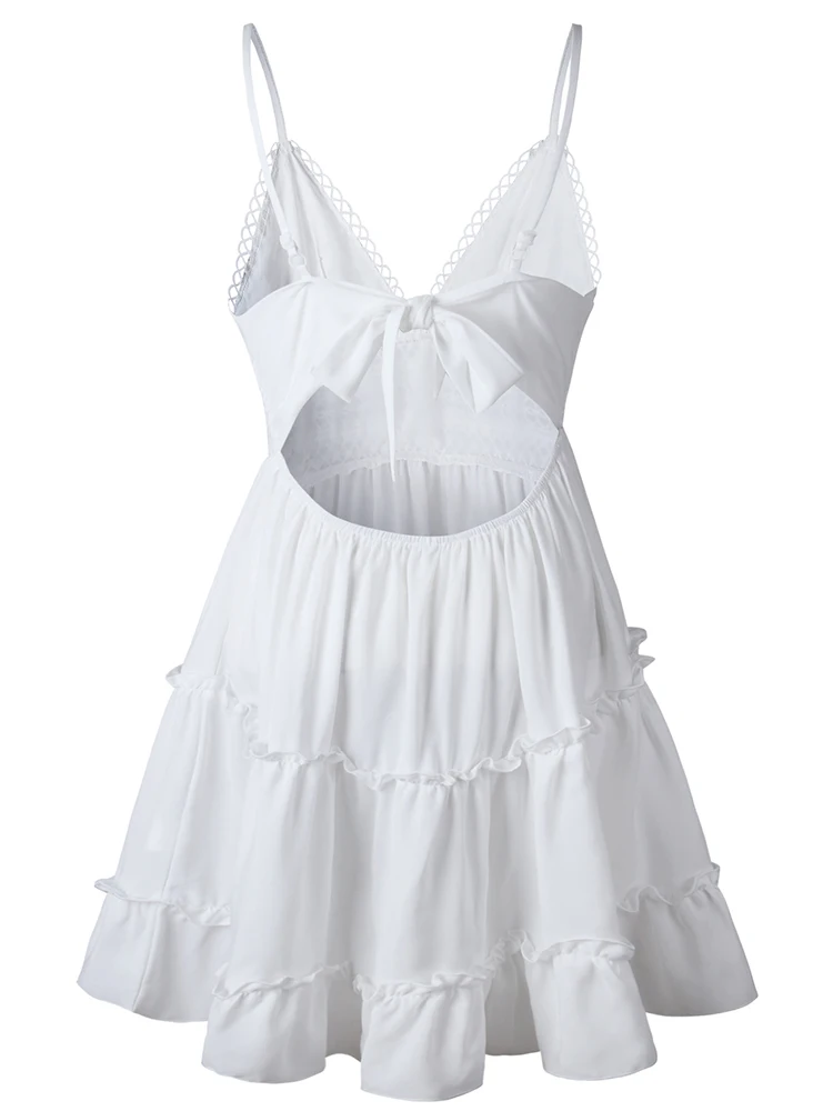 女性の白いレースのサマードレス,セクシーなビーチウェア,ホルターネック,ホルターネック,ノースリーブ,スパゲッティストラップ,カジュアル,ミニ,2022