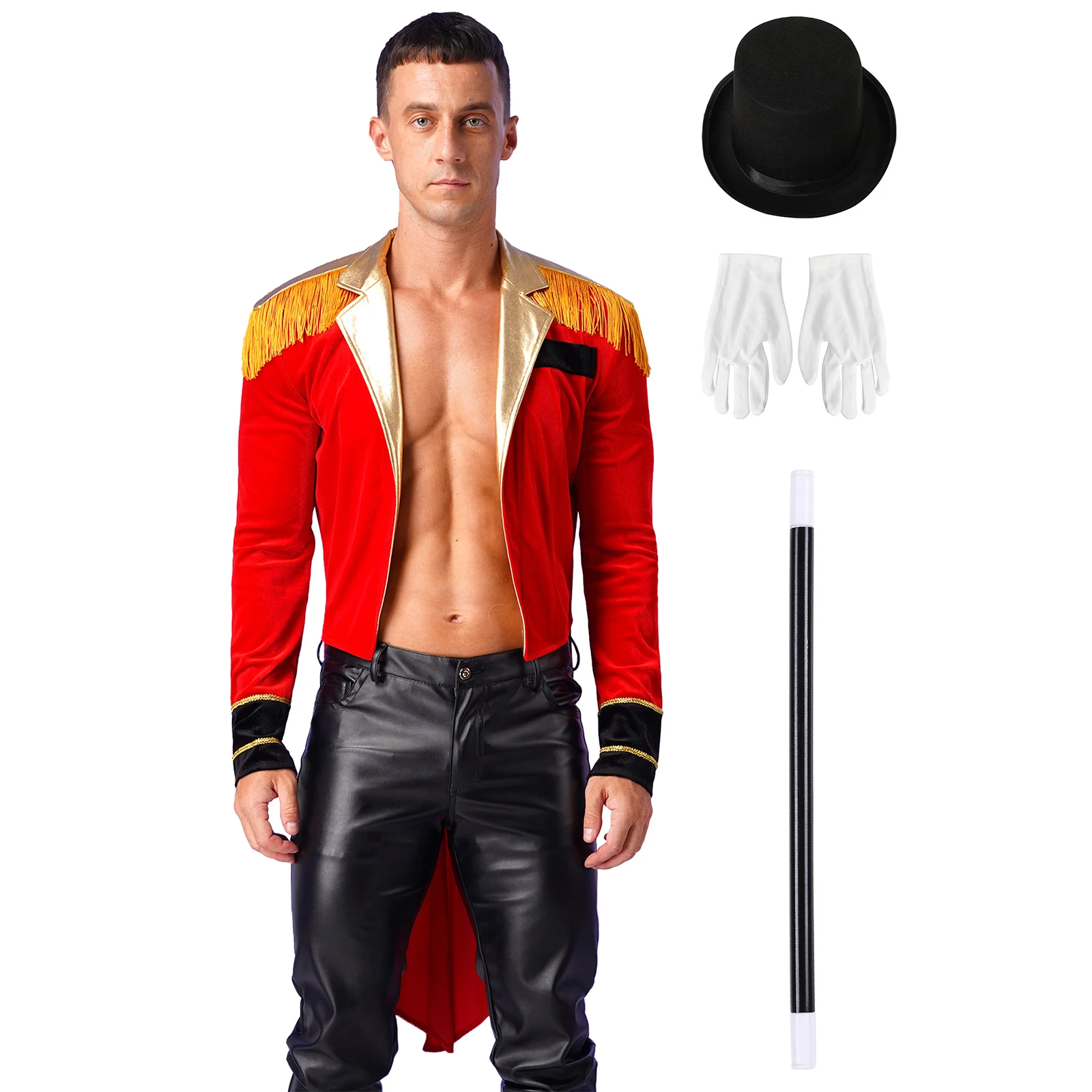 

Men Magician Circus Cosplay Costume Long Sleeve Lapel Tassel Shoulder Jacket Tailcoat Hat and Gloves Magic Wand Ringmaster Set