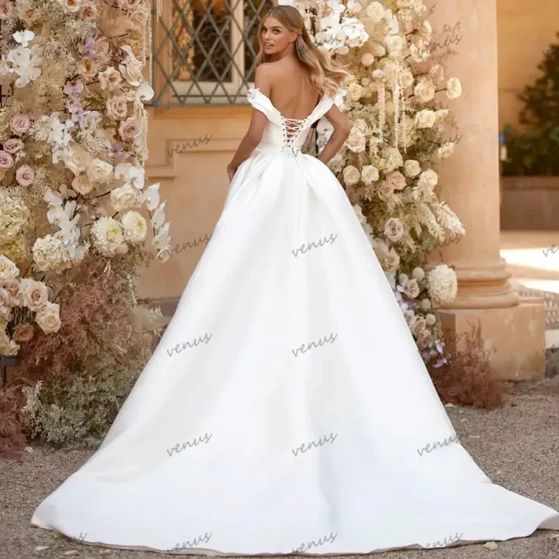 Graceful Wedding Dresses For Women 2024 Boat Neck Satin Robes For Formal Party Off The Shoulder Bridal Gowns Vestidos De Novia