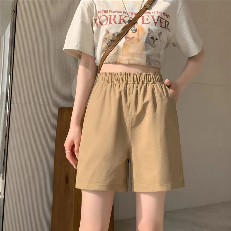 

Elegant Work Trousers Pantalon Streetwear Fashion Summer Solid Shorts Women Elastic Waist Casual Loose Short Wide Leg Pants