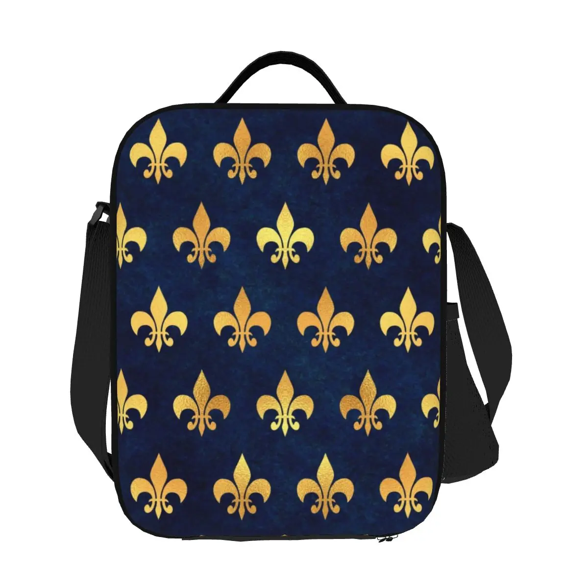 

Пользовательские Royal Gold Blue Grunge Fleur De Lis Изолированная сумка для обеда Женская термохолодильник с цветком лилии Сумка для обеда Офис Пикник Путешествия
