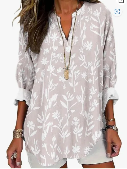 

Женская винтажная хлопково-льняная блузка с цветочным принтом и круглым подолом, женская летняя повседневная туника с длинным рукавом и v-образным вырезом, топы