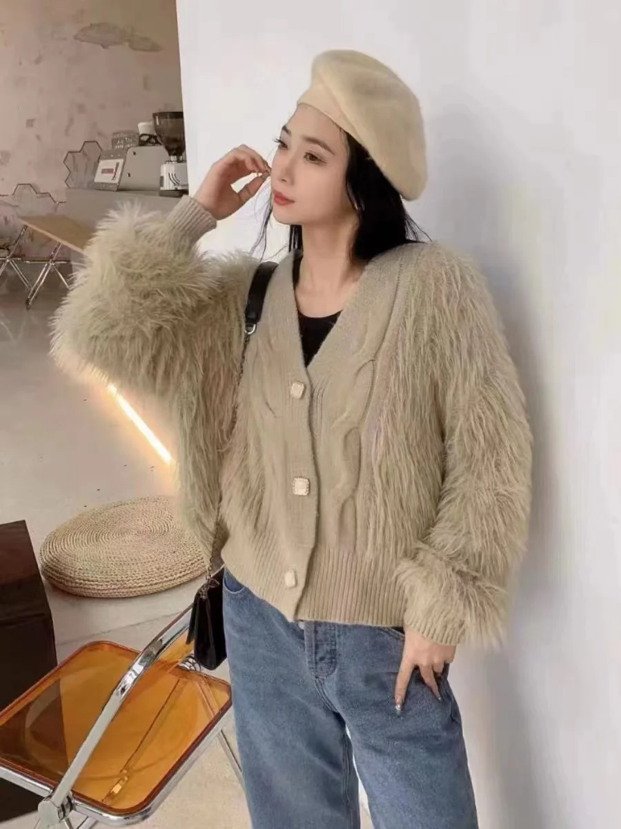 Fuzzy Knit Cardigan for Women Long Sleeve Rib-hem Button Down Sweater Jacket Teen-girl Fall Winter Trendy Streetwear Outfit