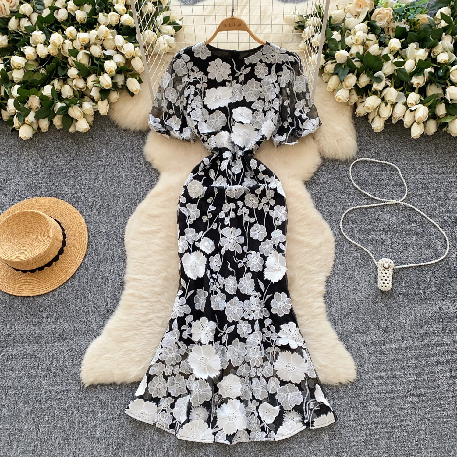 Luxury Lace Long Dresses Women Summer Holiday 3D Flower Embroidery Short Sleeve Mermaids Robe Evening Wedding Dress Female