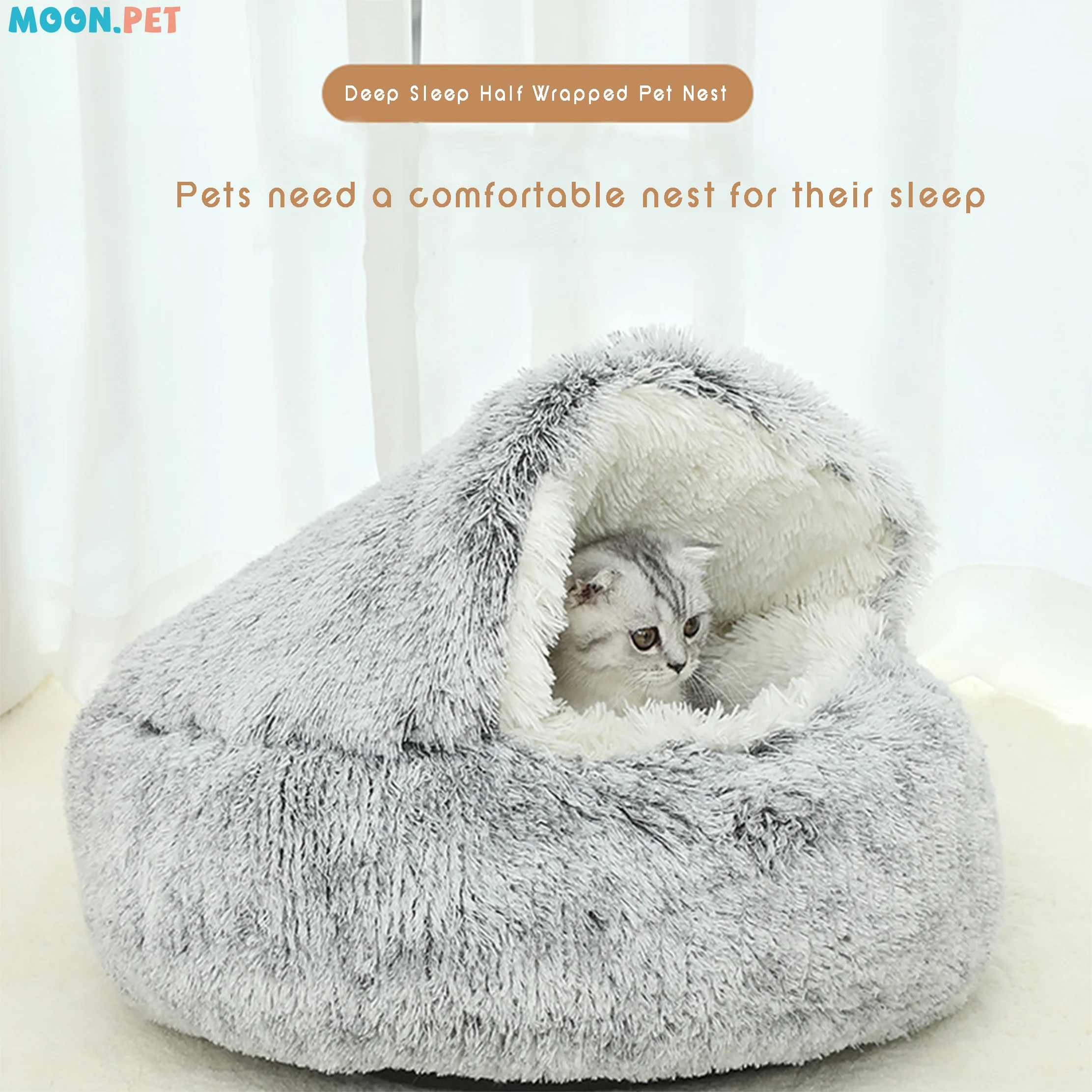 Soft Long Plush Pet Bed with Cover Round Cat Bed Pet Mattress Warm Cat Dog Sleeping Nest Cave for Small Dogs Pet Supplies