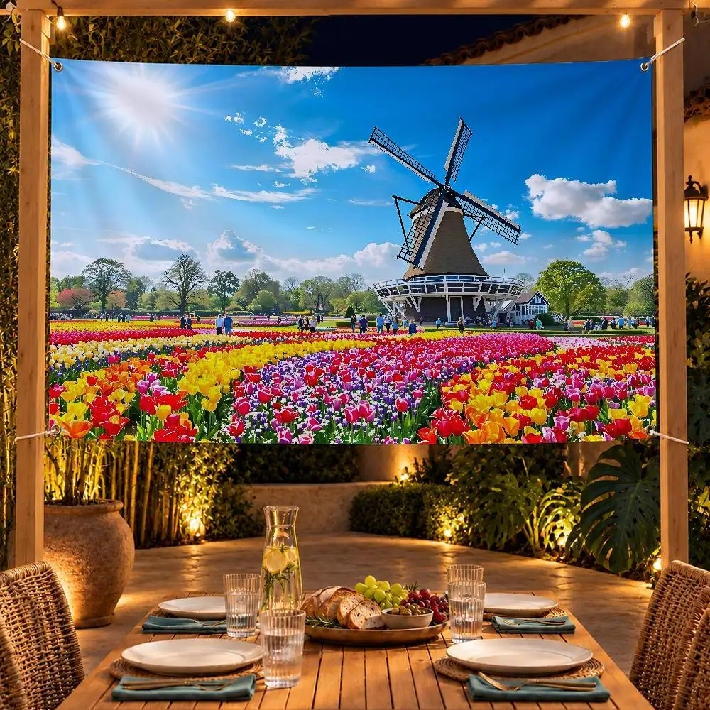 Classic Landmark Dutch Windmills Indoor Outdoor Flag Banner Party Decor Hanging Wall Backdrop