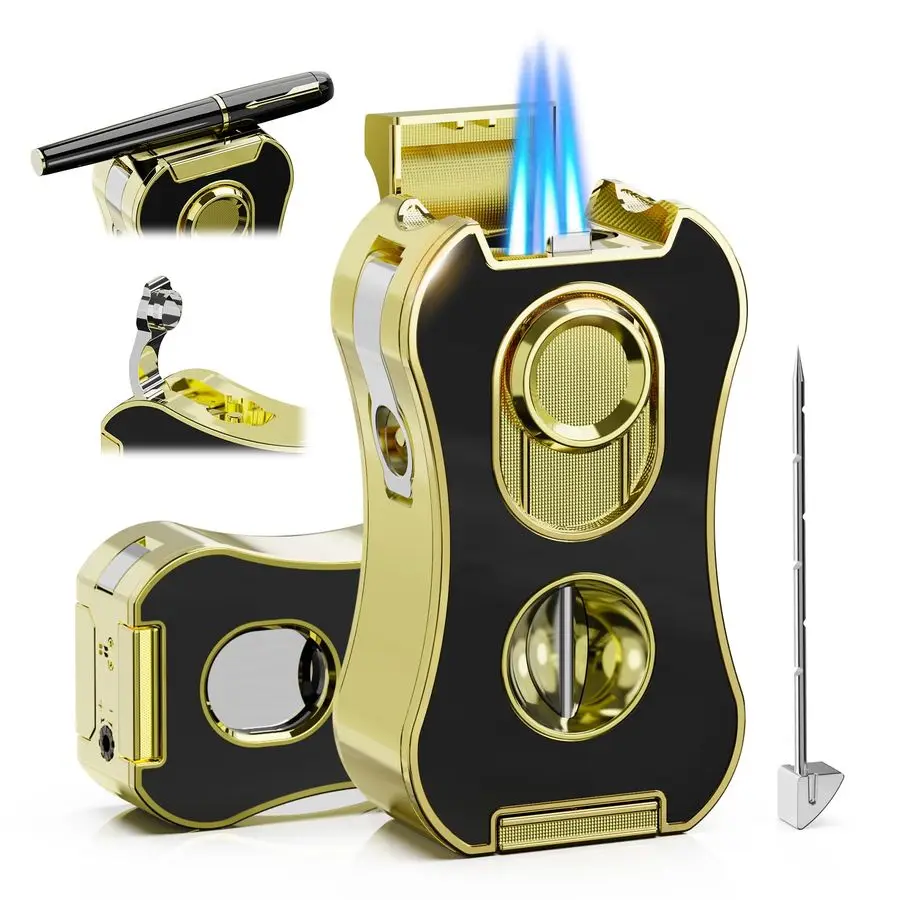 

Quad Torch Lighter with Holder, V amp Straight Tool, Punch, Draw Enhancer Tool, Gifts for Men, Flame Adjustable, Refillable Buta