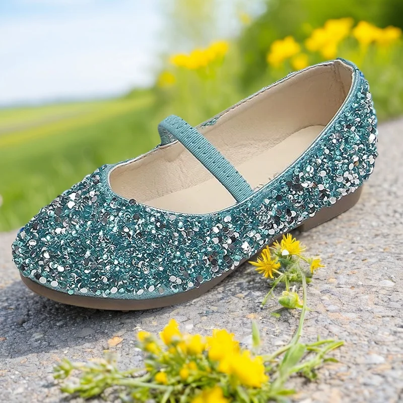 ULKNN Girls' Leather Shoes Princess 2025 Spring New Non-Slip Soft Bottom Wear-Resistant Little Baby Sequined Children's Shoes