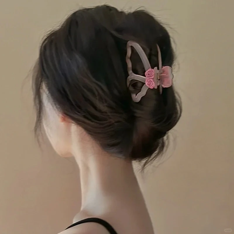 Sheer Rose Decorated Butterfly Hair Clip Versatile Everyday Hair Accessory for Women Top Choice for Birthday Gifts