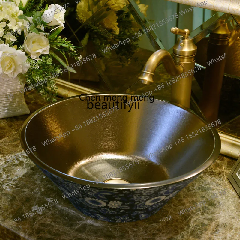 classical countertop basin creative ceramic hand washing art countertop basin gold-plated bamboo hat bowl-shaped washbasin