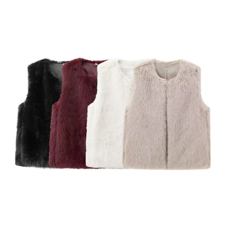 

TRAF Fake Fur Women Tank Top Fashion Autumn O Neck Waistcoat High Street Causcal Sleevesless Female Tops