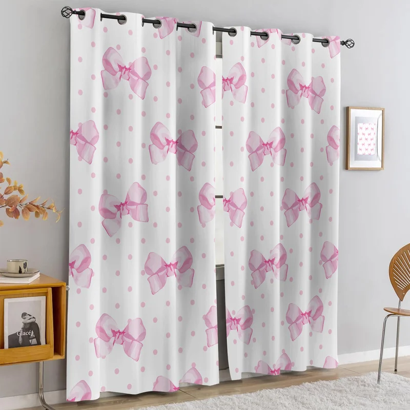 2Pcs Girly Style Curtain,Pink Bow Polka‑Dot Print,Sweet Curtains For Home Bedroom,Girl Room,Apartment,Ideal Housewarming Gift
