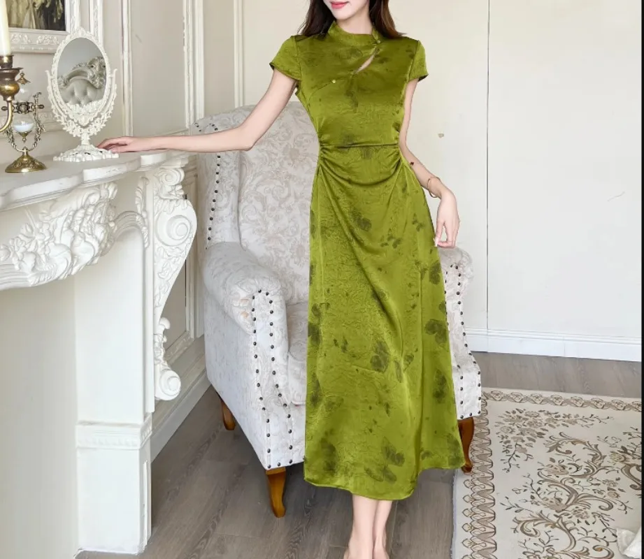 2025 New Retro Green Silk Satin Butterfly Print Qipao Women's Dress Street Temperament Ankle Length Chinese Style Summer Dresses