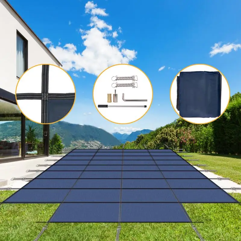 Cubierta de seguridad rectangular para piscina creciente de 20x40 pies con escalón de 4x8 pies, malla de alta resistencia con triple costura, excelente lluvia