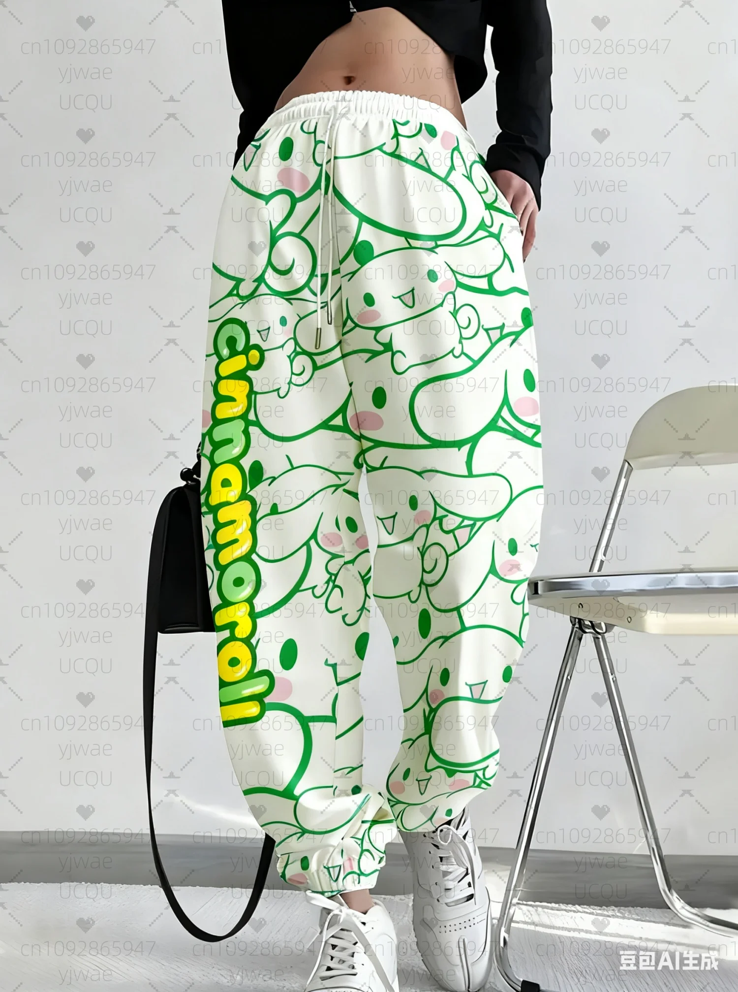 กางเกงจ็อกเกอร์ลำลองลายโปฉาโกะสำหรับผู้หญิง ปี 2025 สีชมพู กางเกงลายเฮลโลคิตตี้ สำหรับฤดูใบไม้ผลิ/ฤดูร้อน กางเกงขายาวสำหรับผู้หญิงใส่เที่ยวข้างนอก