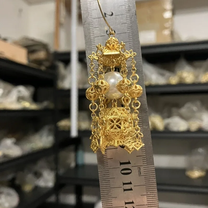 Gold Plated Filigree Palace Lantern with Tassels Long Drop Earrings Modern Chinese Palace Style for Hanfu Wedding Elegant Gift