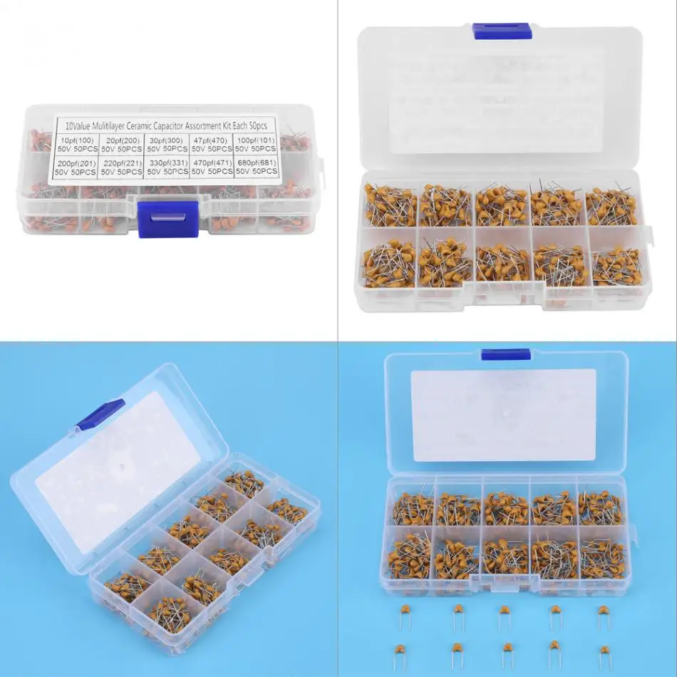 500Pcs 10 Values 10PF-680PF Monolithic Ceramic Capacitor Assorted Kit