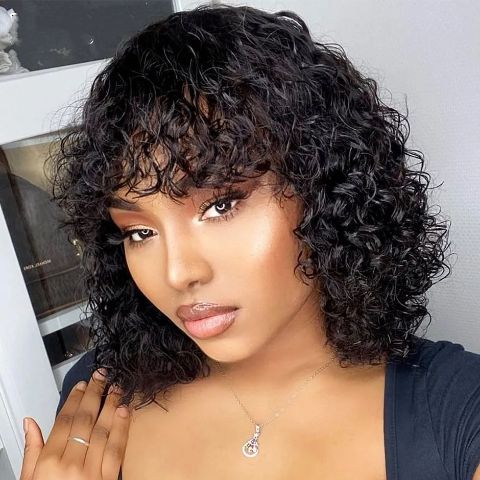 

Brazilian Jerry Curl Human Hair Bob Wigs With Bang For Black Women Black Dark Remy Bob Hair Machine Made Cheap Wigs