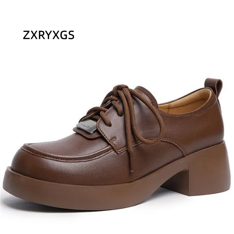 

ZXRYXGS British Style Top Cowhide Thick Mid Heels 2024 Autumn Lace-up Temperament Trend Shoes Woman New Genuine Leather Shoes