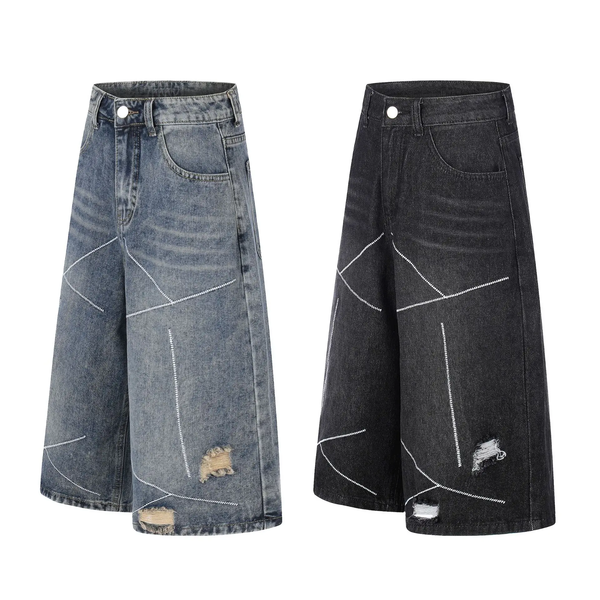 MWJLPWQ American-Style High Street Ripped Embroidered Denim Shorts Men Women Summer Loose Wide-Leg Straight Cropped Pants 16970