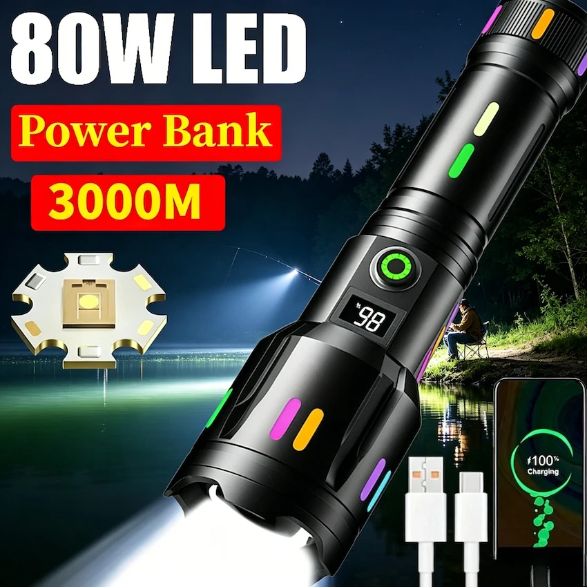 Bright Strong LED Flashlight White Laser Rechargeable Lamps Power Display Tactical Lantern Outdoor Camping Fishing
