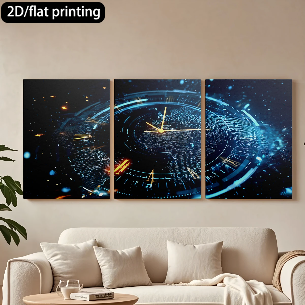 

2D плоская печать, 3-х частная декоративная картина на деревянной раме, высокотехнологичные часы, цифровой неон. Декор для коридора и спальни.