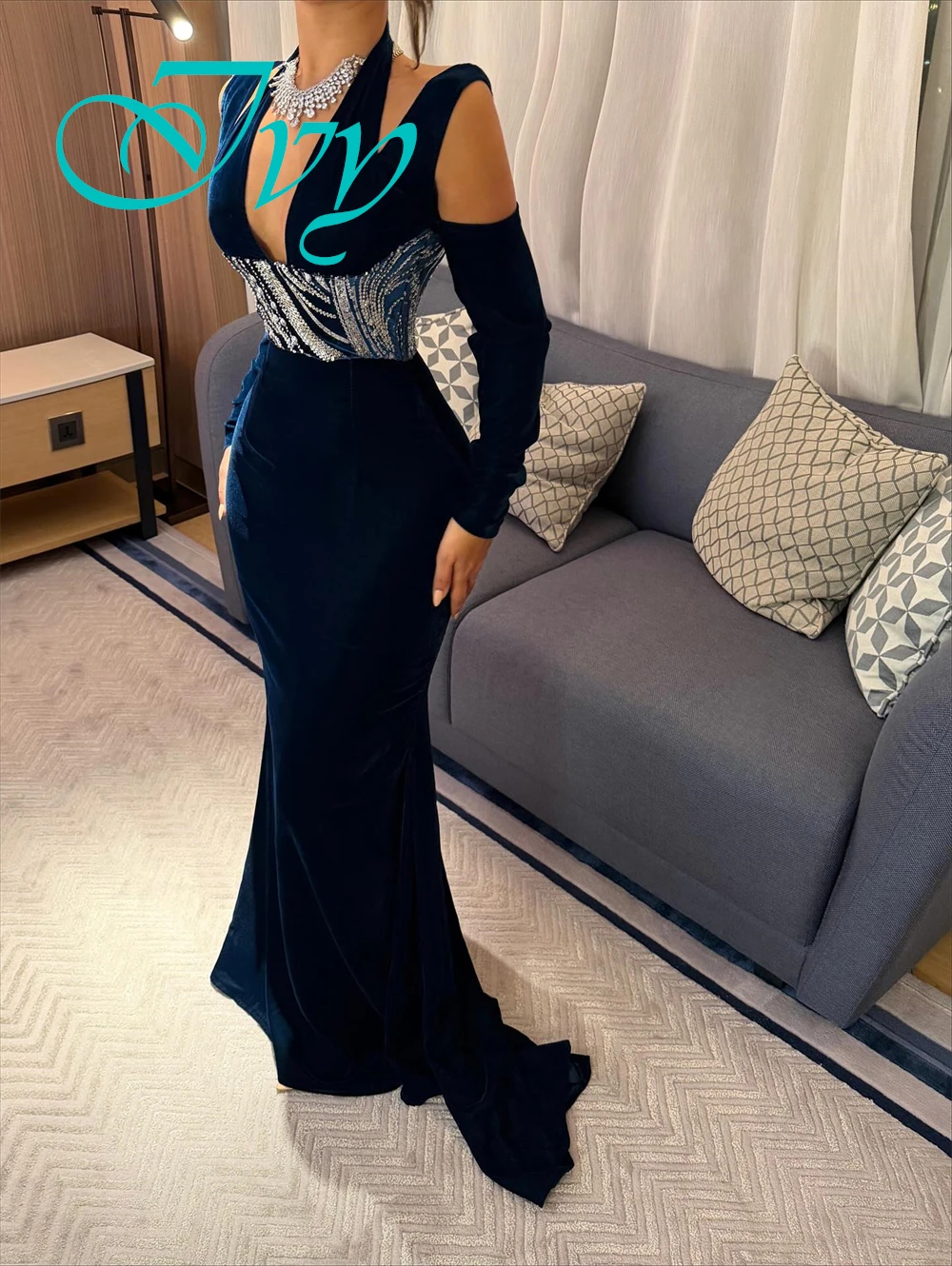 Robe de soirée sirène de luxe personnalisée, manches longues scintillantes, robes de bal de haute qualité, col licou, robes d'occasion spéciale