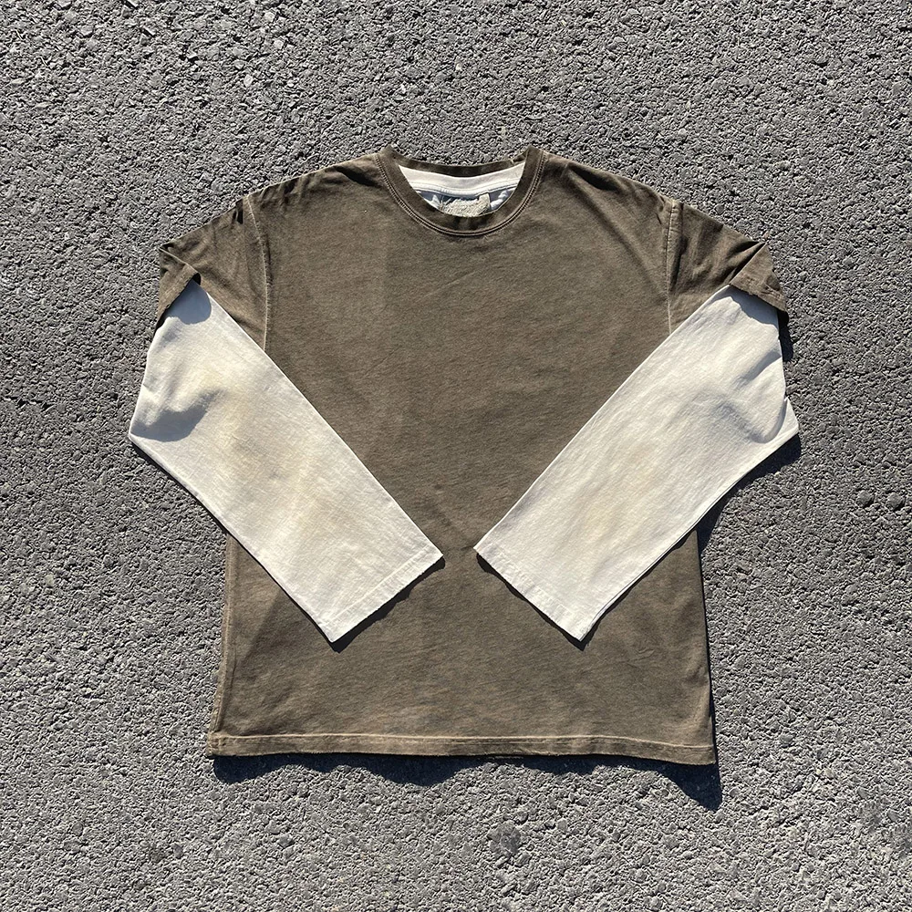 Dirtied Long T-Shirt with Short Sleeve Fake Two-Piece Vintage Worn-look in Earth Tone by Wang Studio Only for Heart's Desire