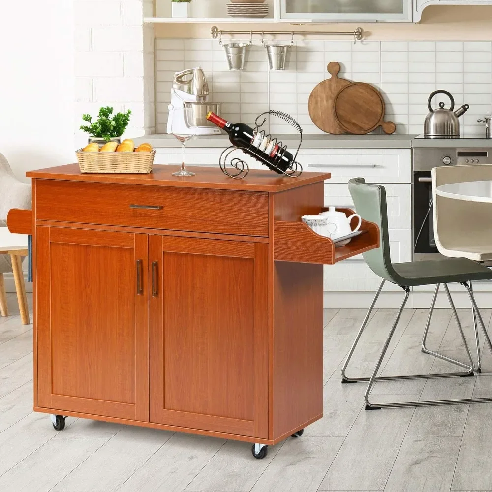 Kitchen Island, Rolling Kitchen Cart with Spice and Towel Rack, Large Drawer & 2-Door Storage Cabinet, on Lockable Wheels