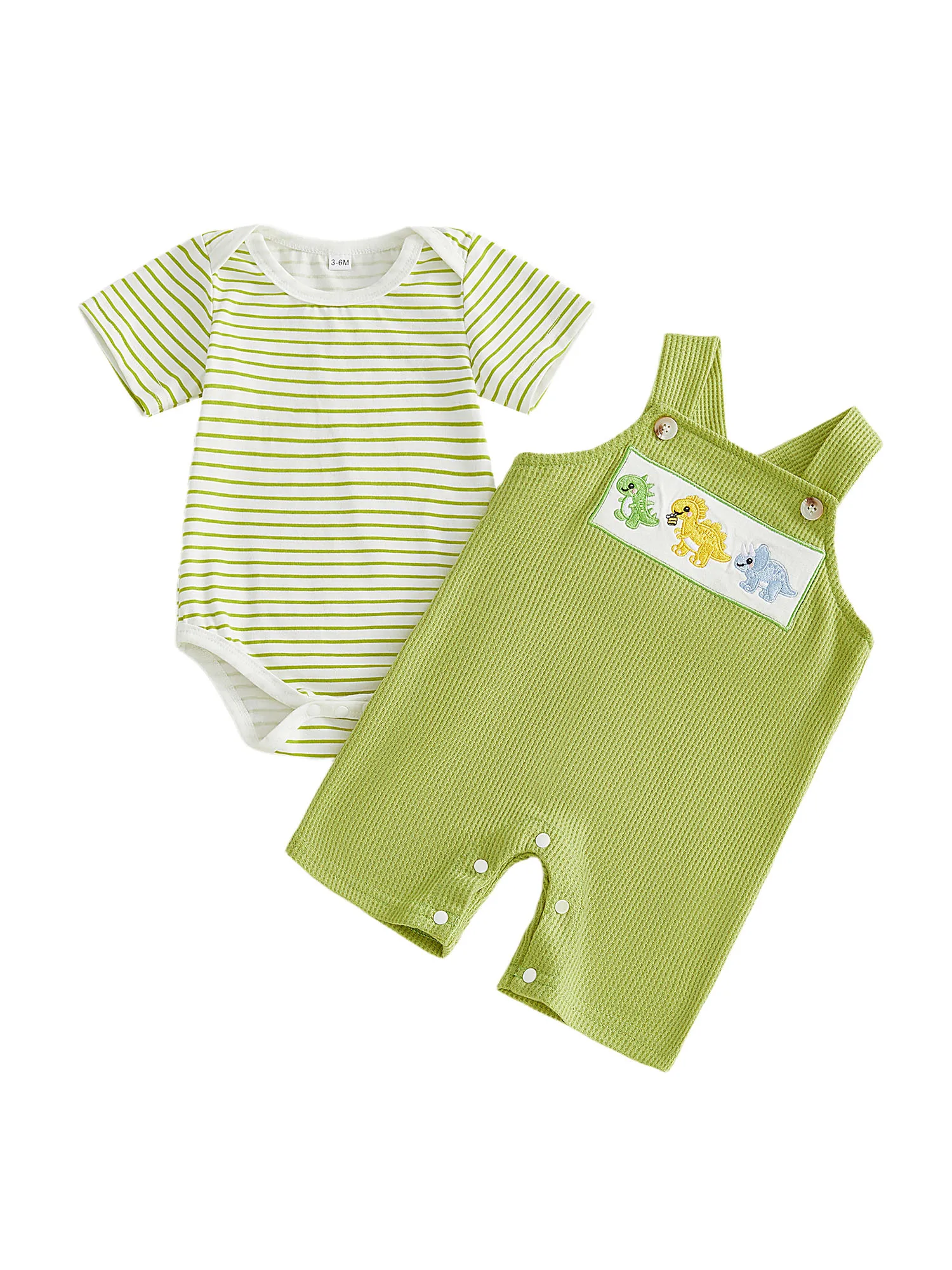 

Adorable Baby Boy 2 Piece Set with Striped Short Sleeve Jumpsuit and Animal Embroidery Suspenders Pants - Perfect for Playtime