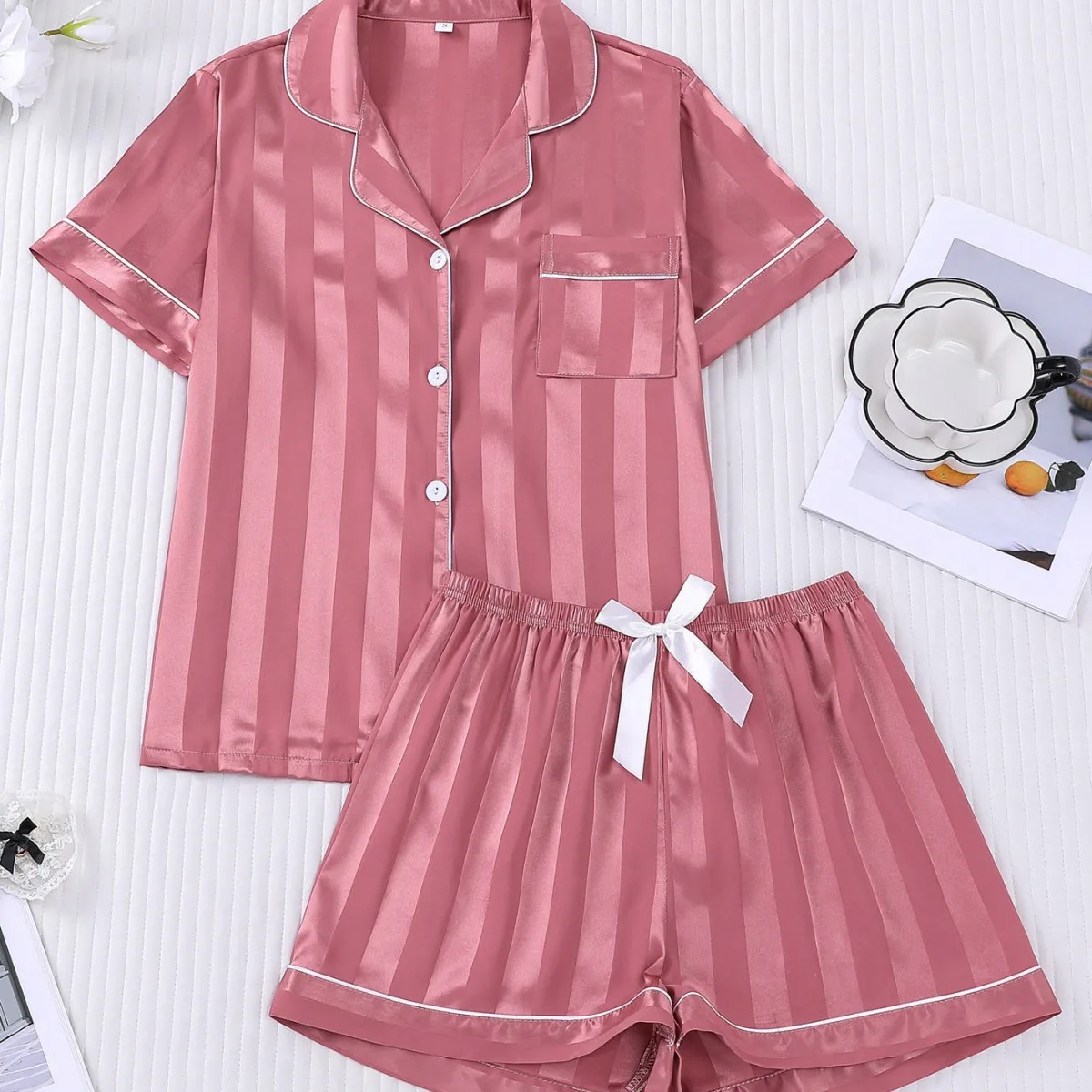 Women Pajamas Set Casual Comfy Loungewear Lapel Collar Short Sleeve Top & Shorts Pajama Set Womens Outfits Pijama Mujer 2