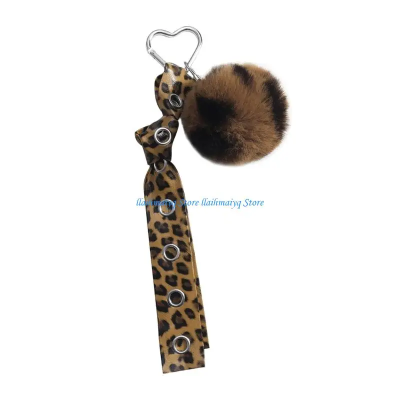 

573B Leopard Print Keyring Plush Ball Decoration Organiser With Heart Ball Star Pendant For Purse Keys