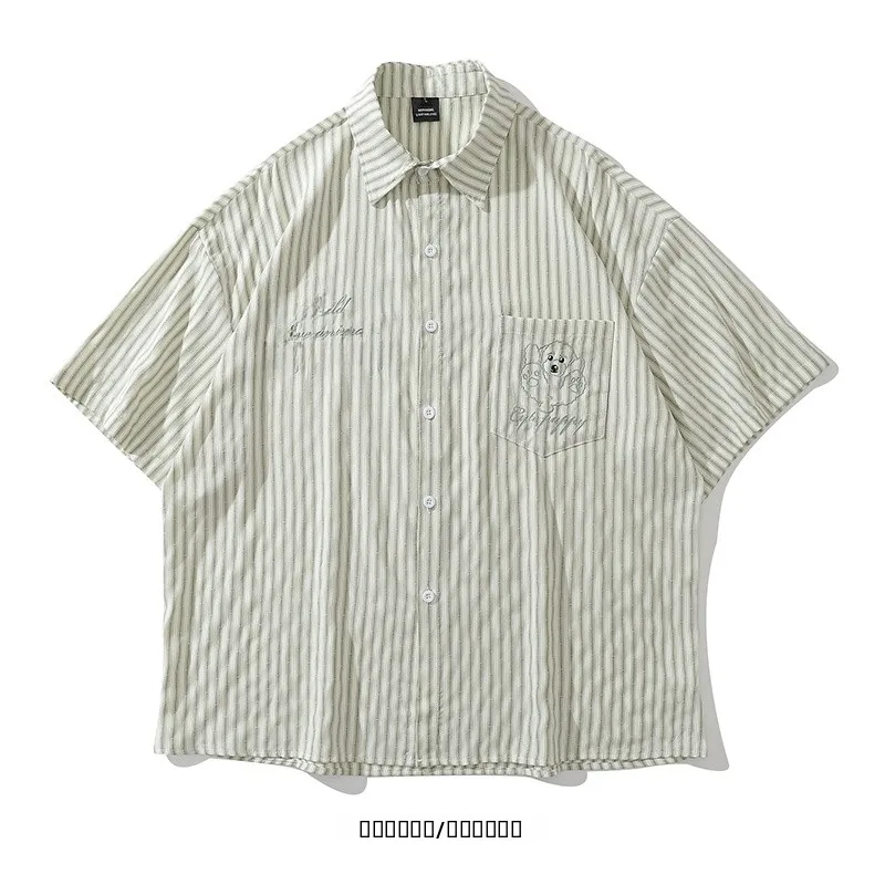 

Cute Animal Letter Embroidery Short Sleeve Shirt from Summer Youth Fashion Striped Vertical Color Collision Loose Fit Shirt
