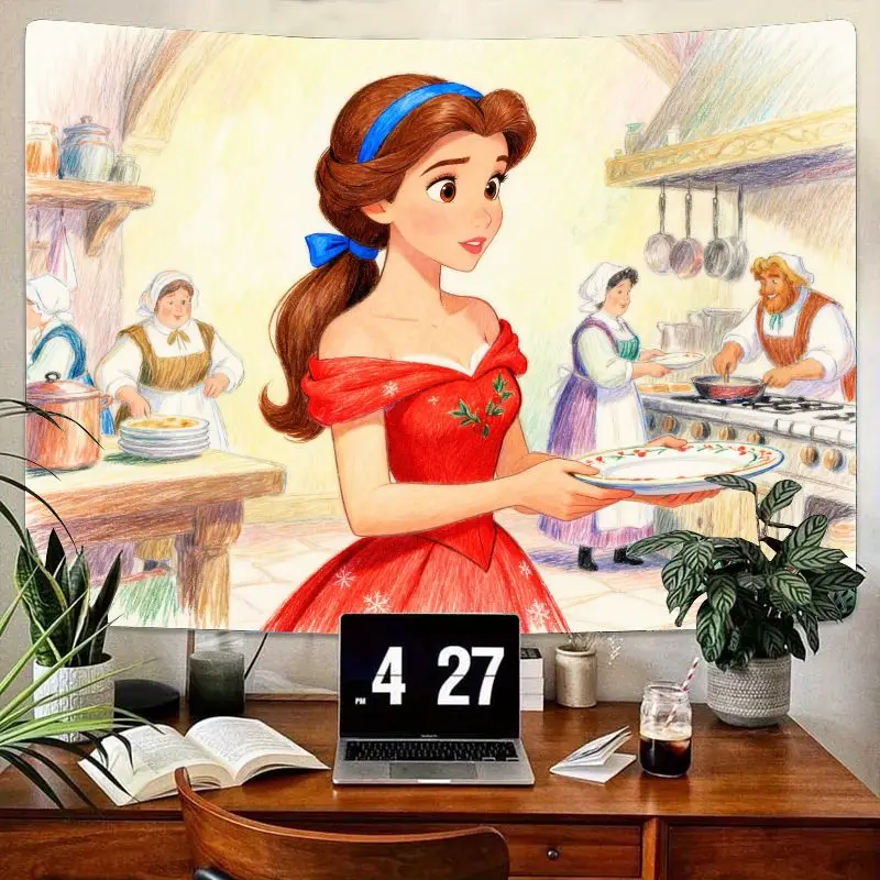 

1 шт., гобелен принцессы Диснея Белль, красное рождественское платье, кухонное настенное искусство, полиэстер, декор для комнаты, подарок «Красавица и чудовище», спальня, общежитие